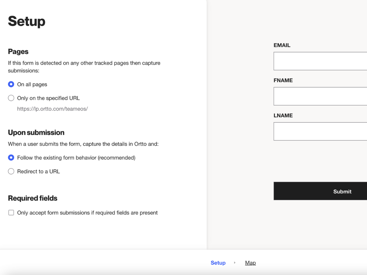 Ortto tracked form setup